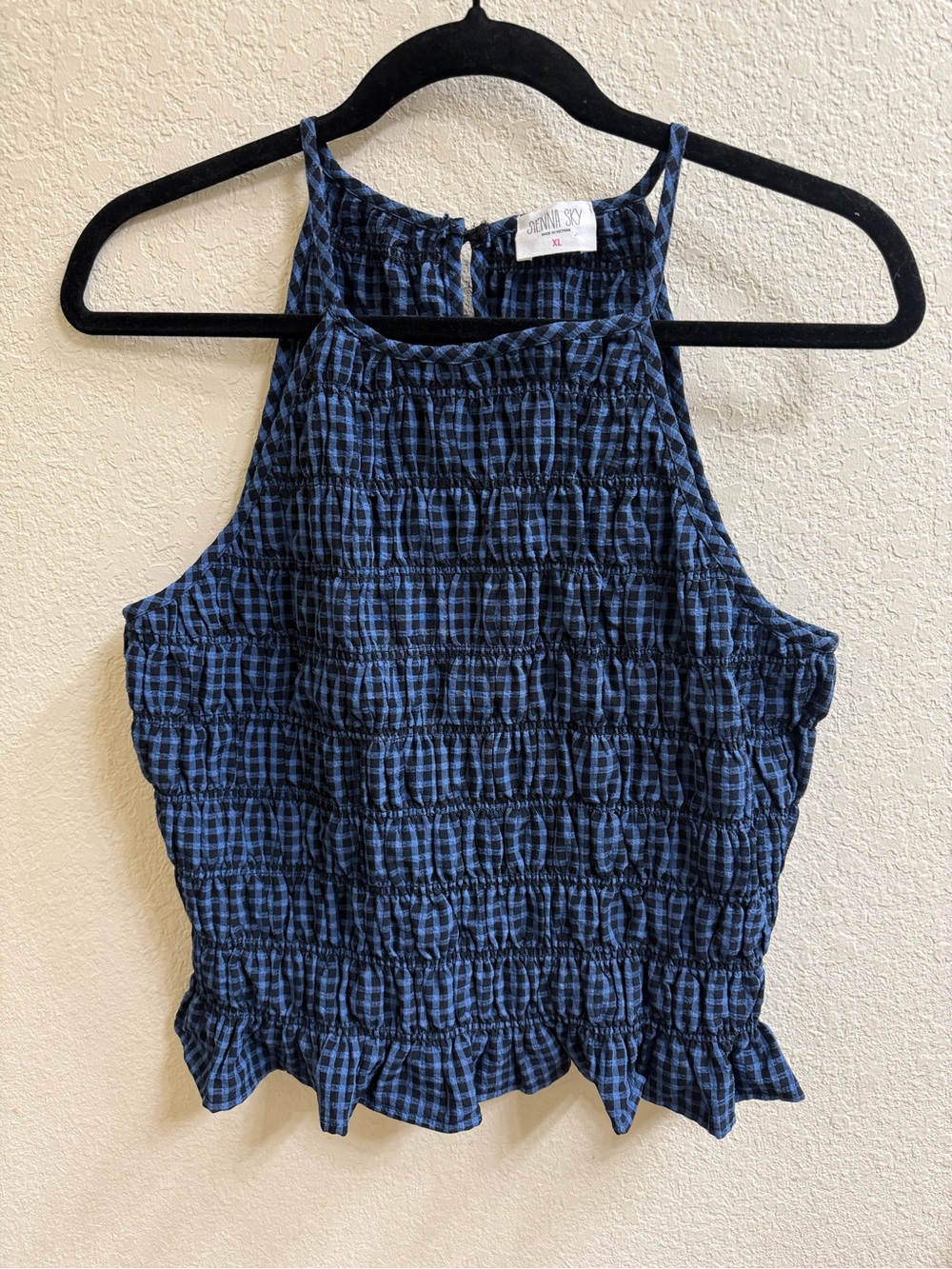 Sienna Sky Navy Blue/Black Checked Smocked Spaghetti StrapTank Top